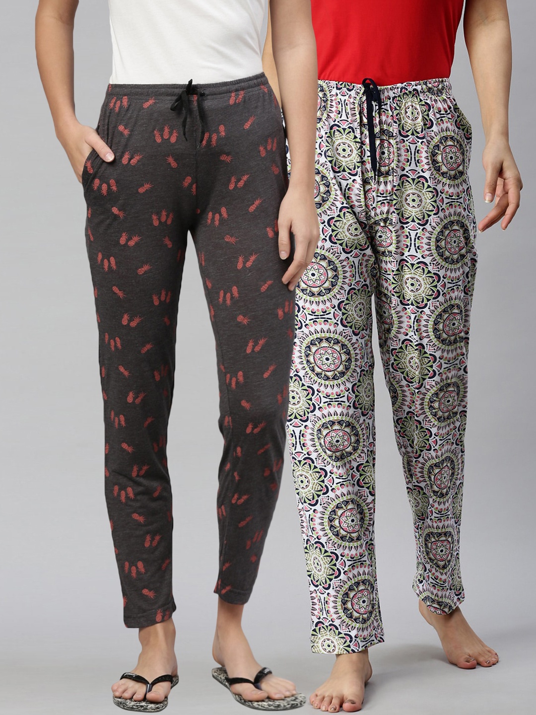 

Kryptic Woman Pack Of 2 Grey & White Printed Lounge Pants, Grey melange
