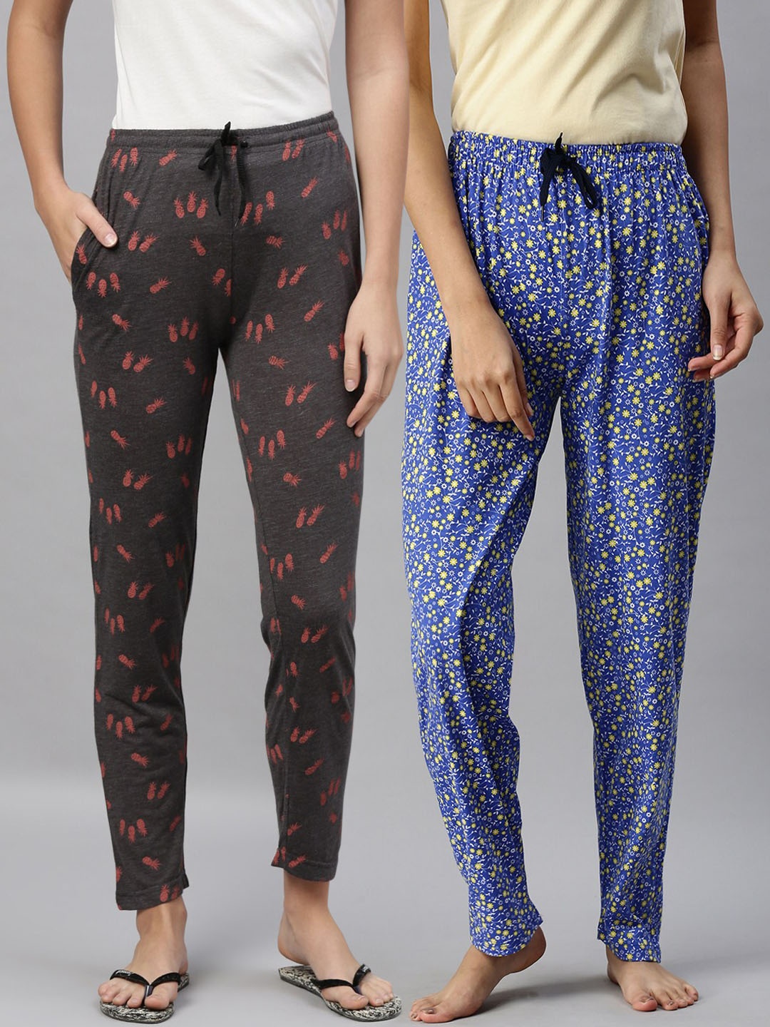 

Kryptic Women Pack of 2 Charcoal Grey & Blue Printed Cotton Lounge Pants