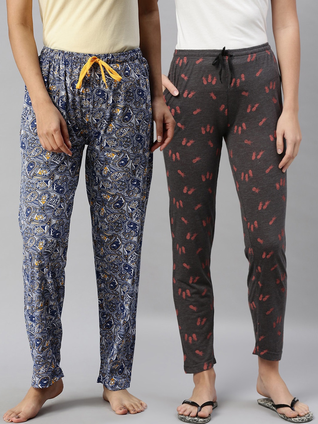 

Kryptic Women Blue & Grey Pack of 2 Pure Cotton Lounge Pants, Grey melange