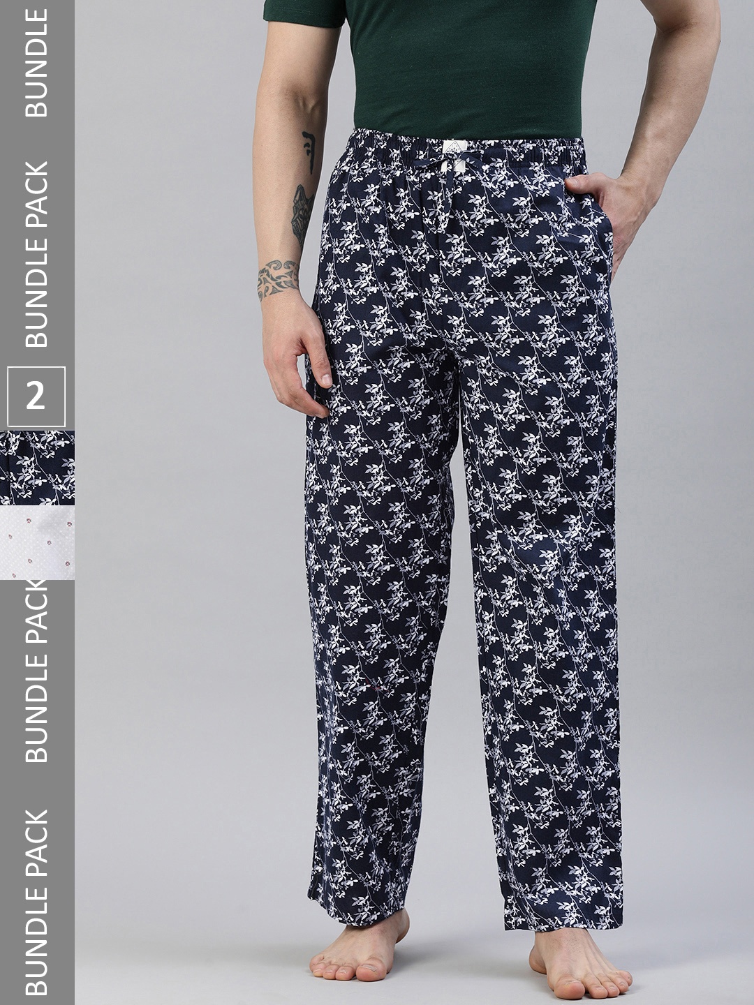 

abof Men Pack of 2 Pure Cotton Printed Lounge Pants, White