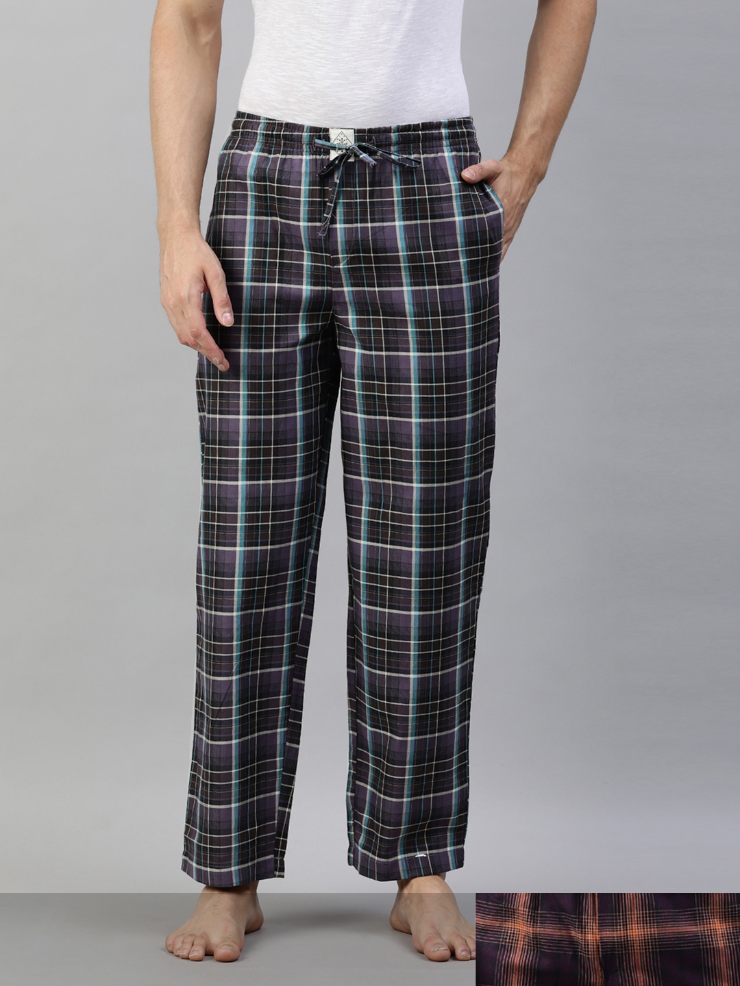 

abof Men Pack Of 2 Checked Pure Cotton Lounge Pants, Purple