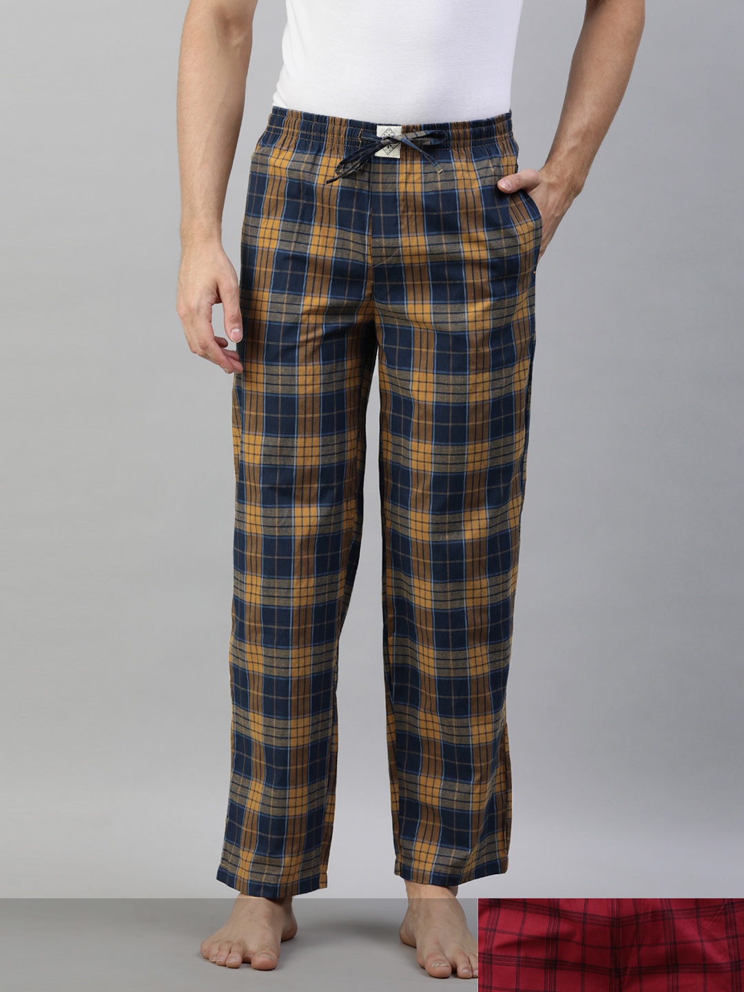 

abof Men Pack Of 2 Checked Pure Cotton Lounge Pants, Blue