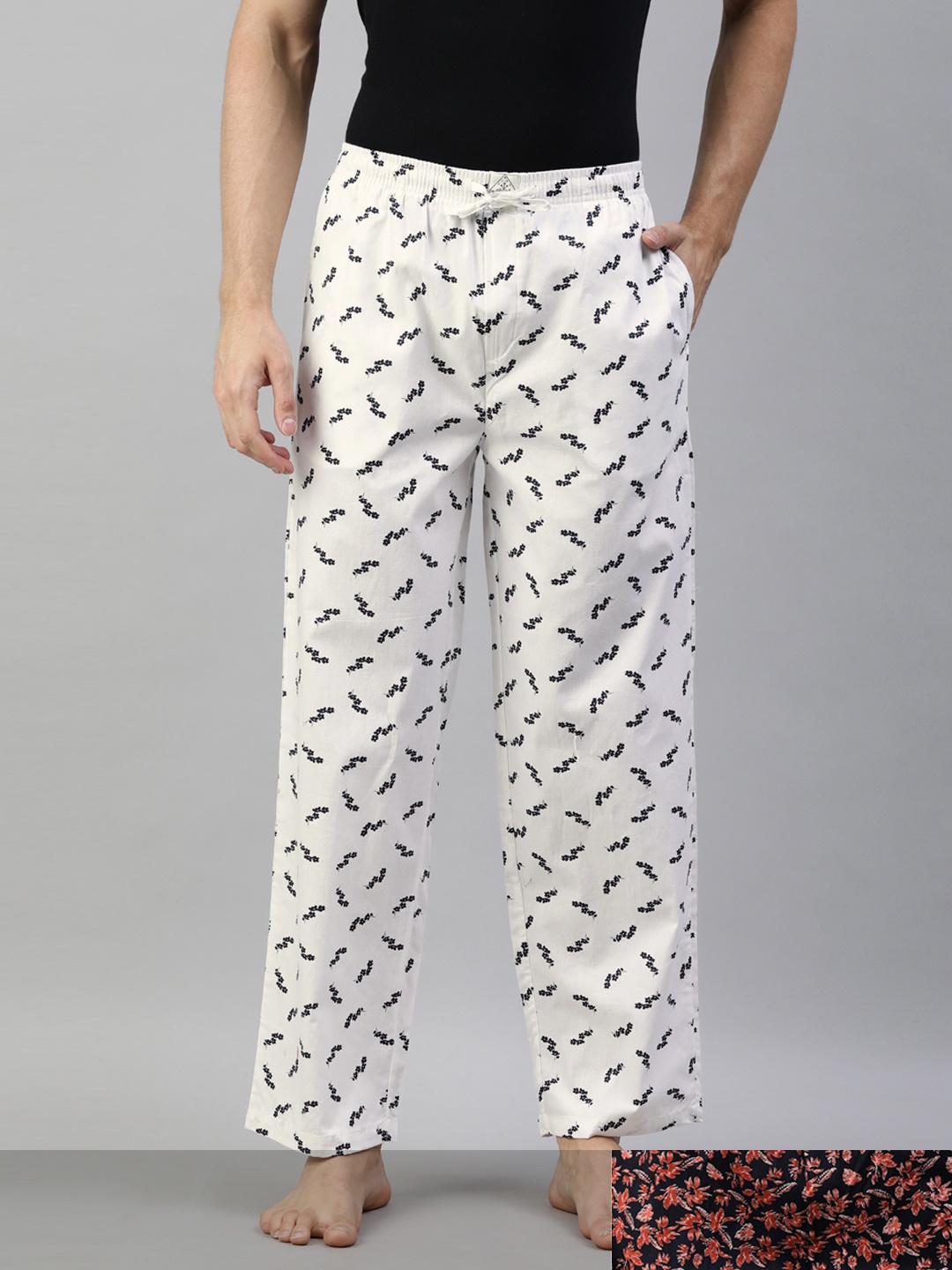 

abof Men Pack Of 2 Printed Pure Cotton Lounge Pants, White