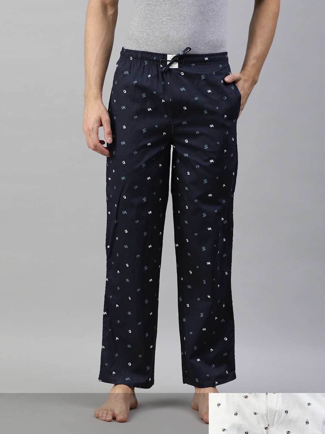 

abof Men Pack Of 2 Printed Pure Cotton Lounge Pants, Navy blue
