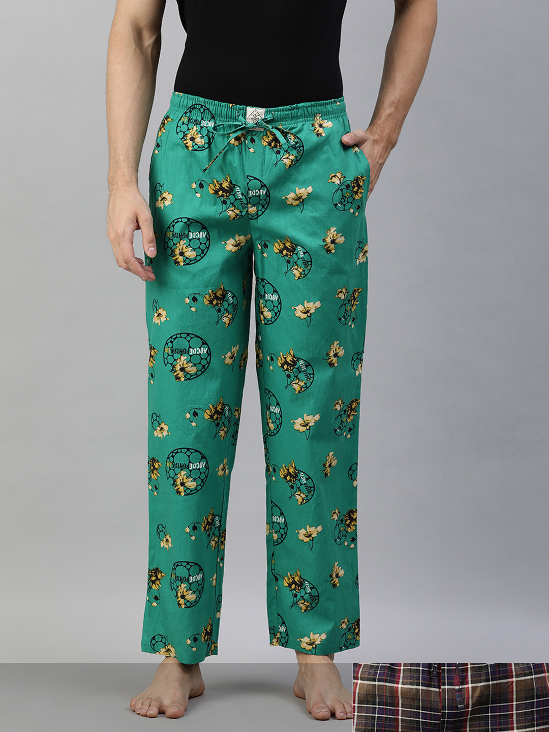 

abof Men Pack of 2 Multi Printed Mid Rise Elasticated Pure Cotton Casual Lounge Pants