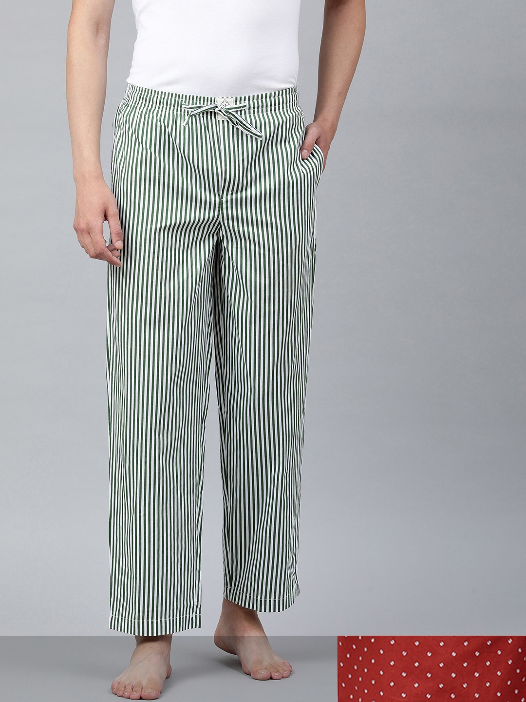 

abof Men Green & Red Set Of 2 Mid-Rise Pure Cotton Straight Lounge Pants