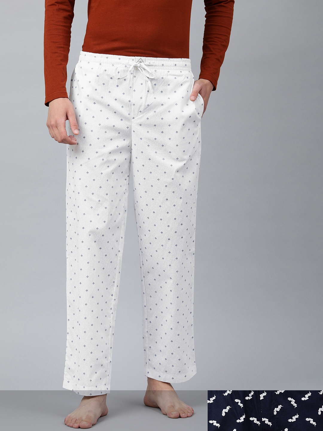

abof Men White & Navy Blue Set Of 2 Printed Mid-Rise Pure Cotton Straight Lounge Pants