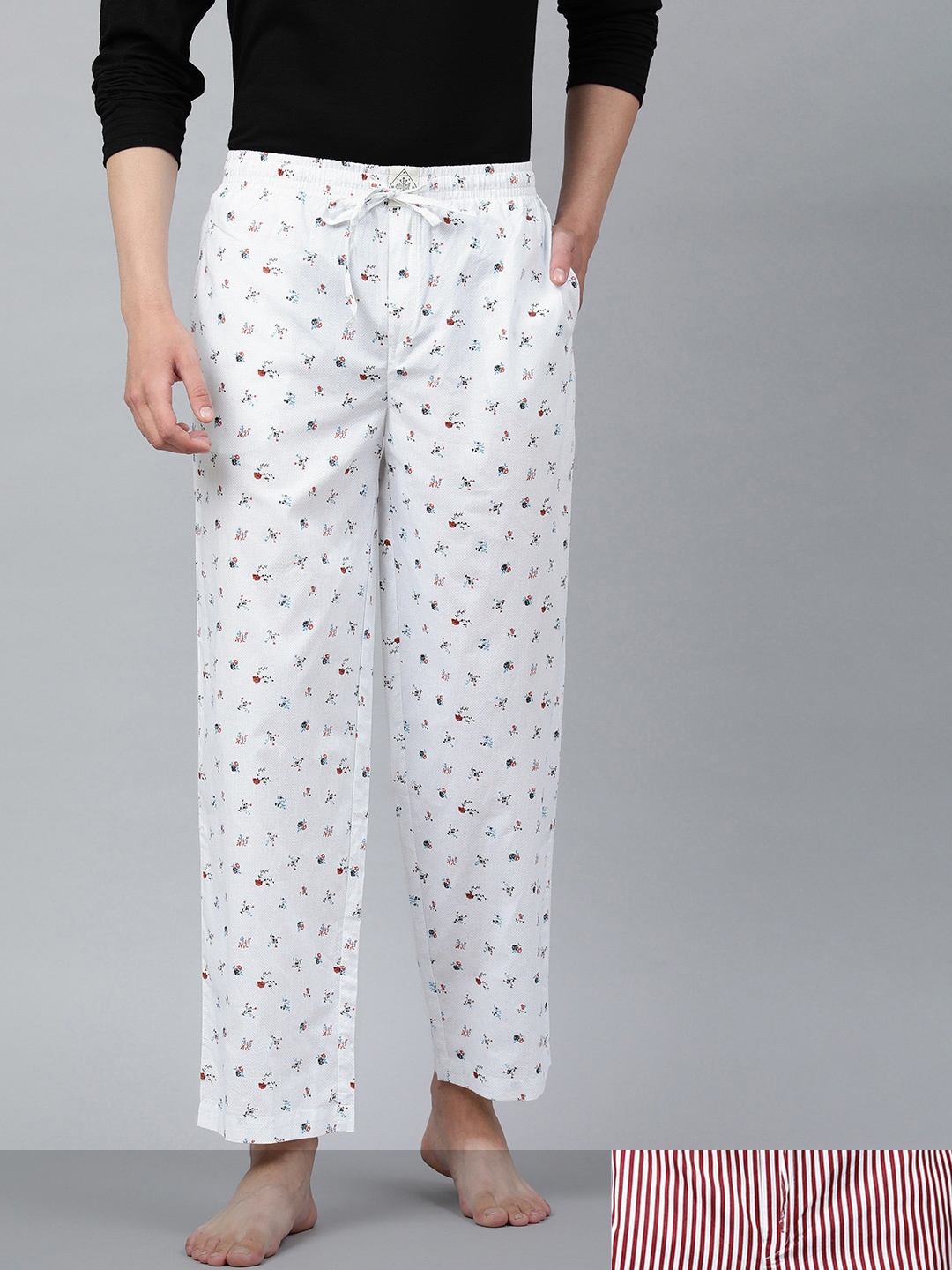 

abof Men White & Red Set Of 2 Mid-Rise Pure Cotton Straight Lounge Pants