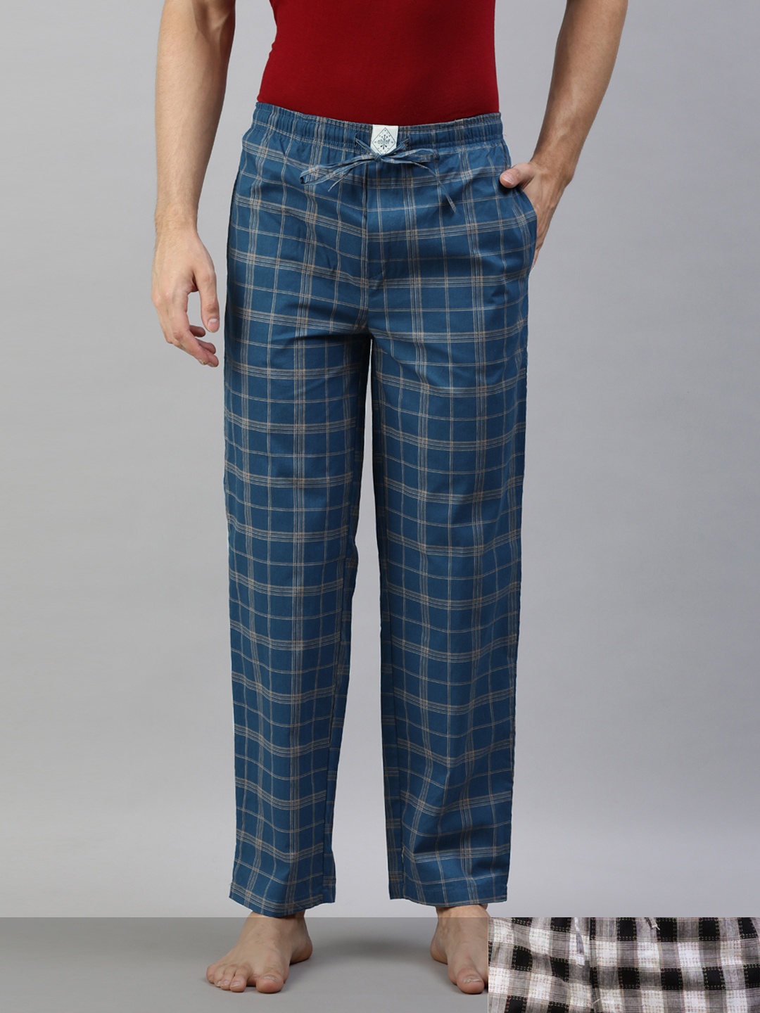 

abof Men Pack Of 2 Checked Pure Cotton Lounge Pants, Blue