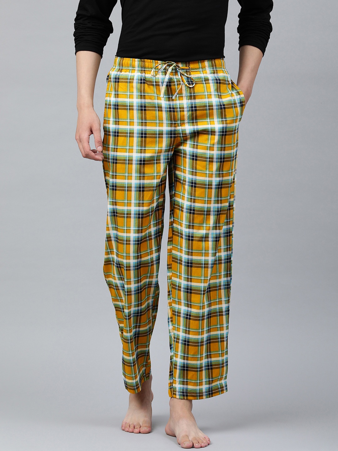 

abof Men Mustard And Blue Checked Regular Fit Pure Cotton Lounge Pants