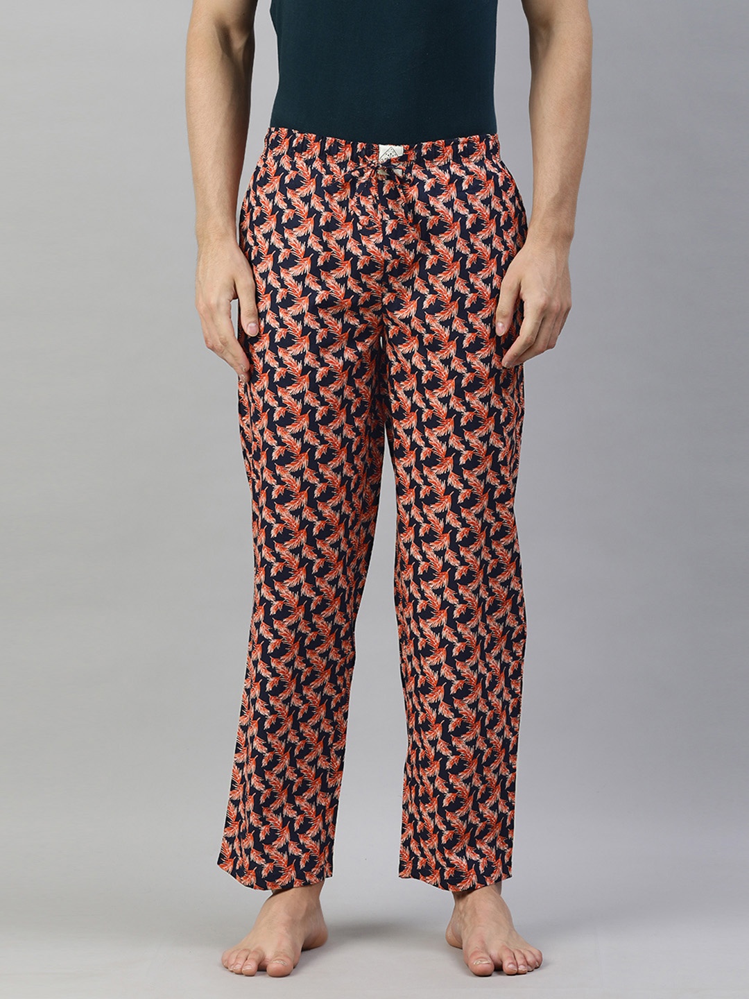 

abof Men Navy blue and Orange Printed Pure Cotton Lounge Pants