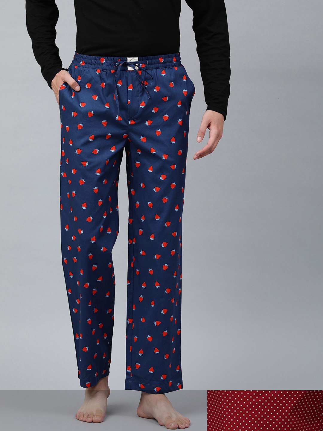 

abof Men Blue & Red Set Of 2 Printed Mid-Rise Pure Cotton Straight Lounge Pants