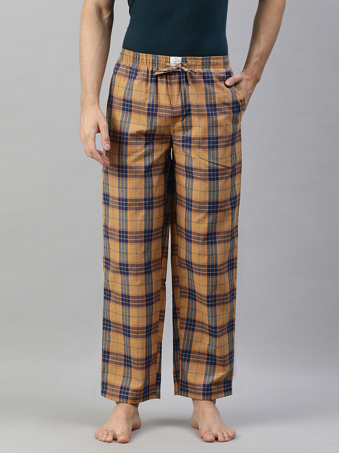 

abof Men Camel Brown And Blue Checked Pure Cotton Lounge Pants