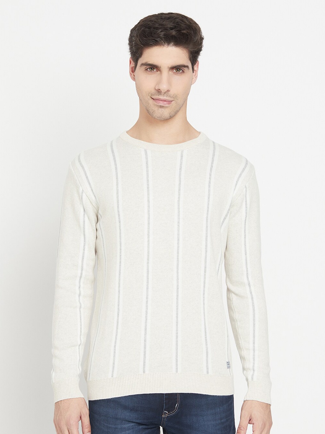 

METTLE Men Cream-Coloured Striped Cotton Pullover Sweater