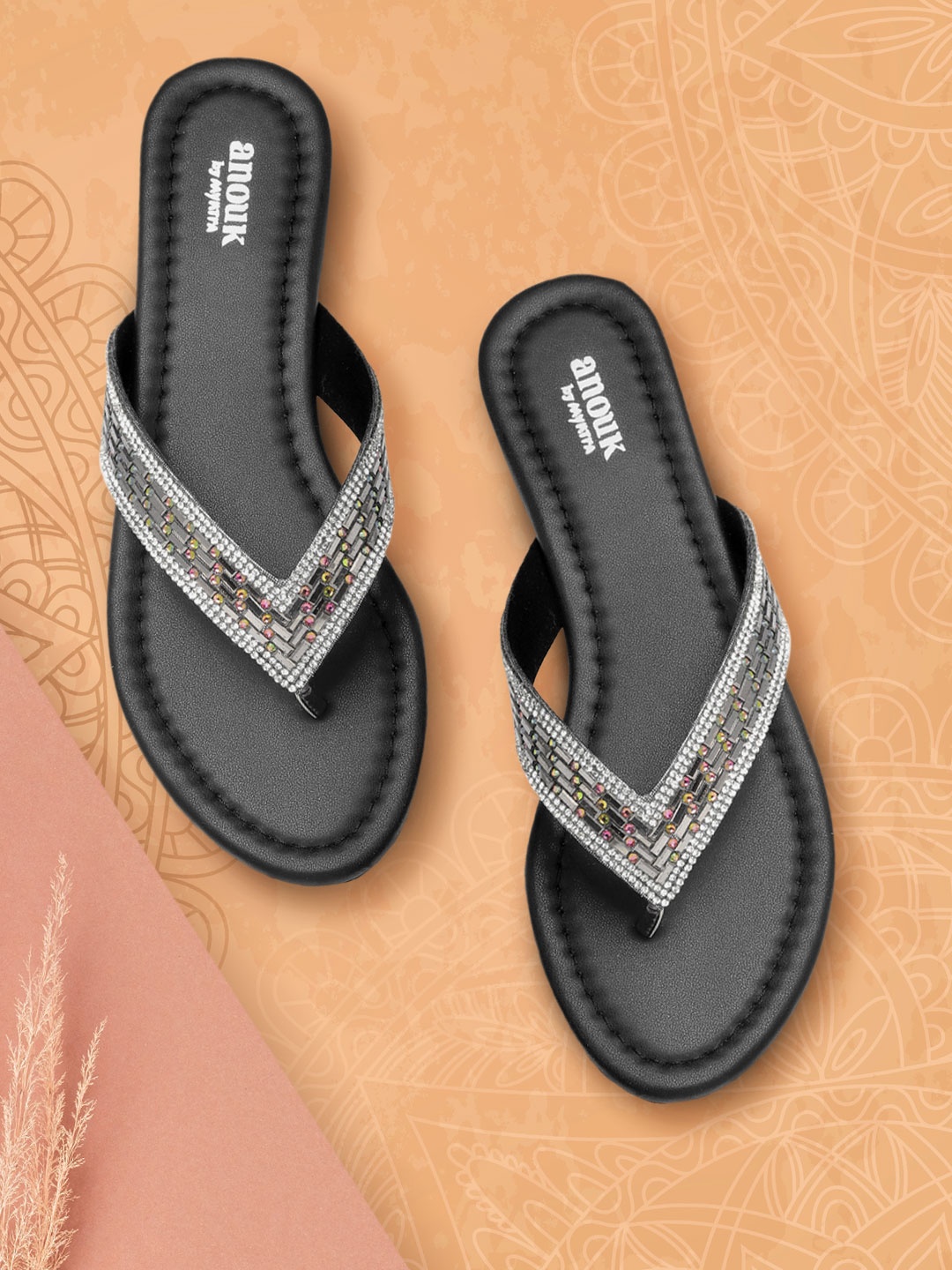 

Anouk Women Black & Silver-Toned Embellished Open Toe Flats