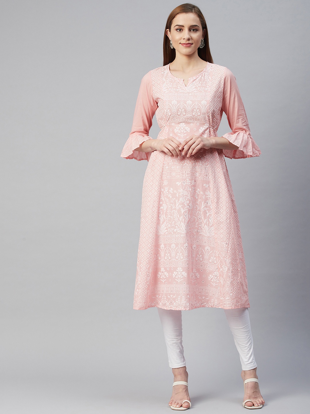 

Rangriti Women Peach-Coloured Floral Cotton Bell Sleeves Kurta