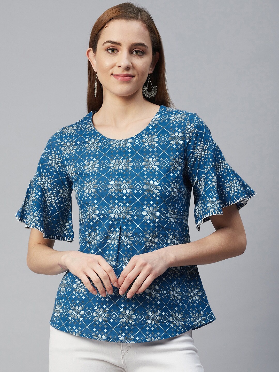 

Rangriti Blue Geometric Printed Pure Cotton Kurti