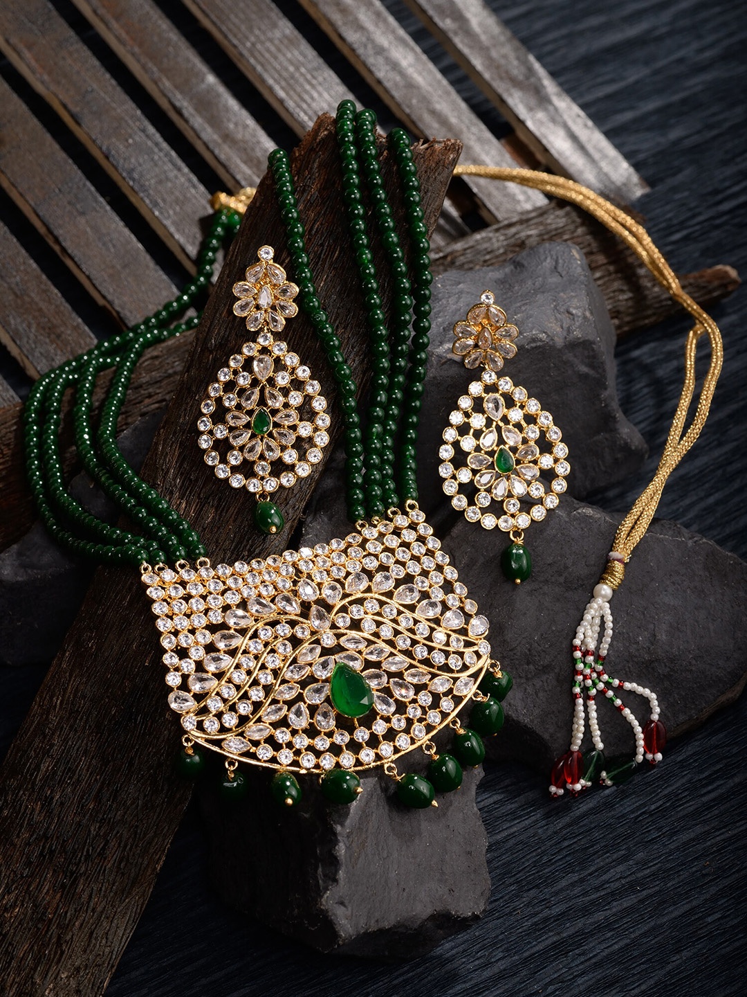 

Saraf RS Jewellery Gold-Plated White & Green AD-Studded & Beaded Handcrafted Jewellery Set