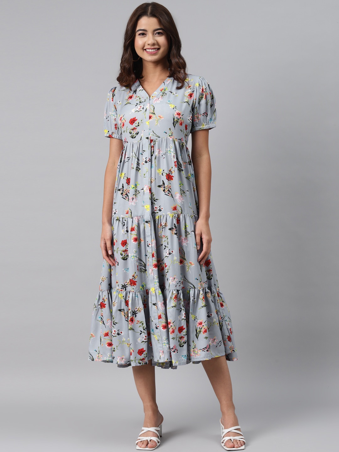 

Gerua By Libas Grey Red Floral A-Line Midi Dress