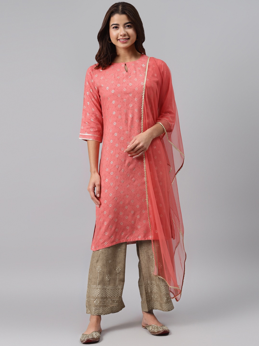 

Gerua By Libas Women Pink Beige Ethnic Motifs Printed Regular Kurta with Palazzos Dupatta