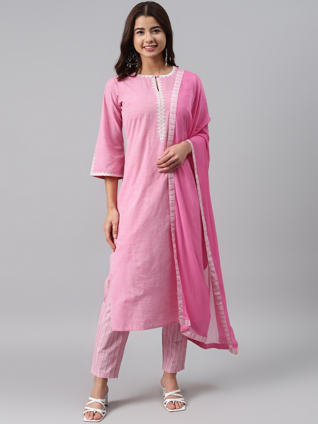 

Gerua By Libas Women Pink Yoke Embroidered Regular Kurta with Trousers Dupatta