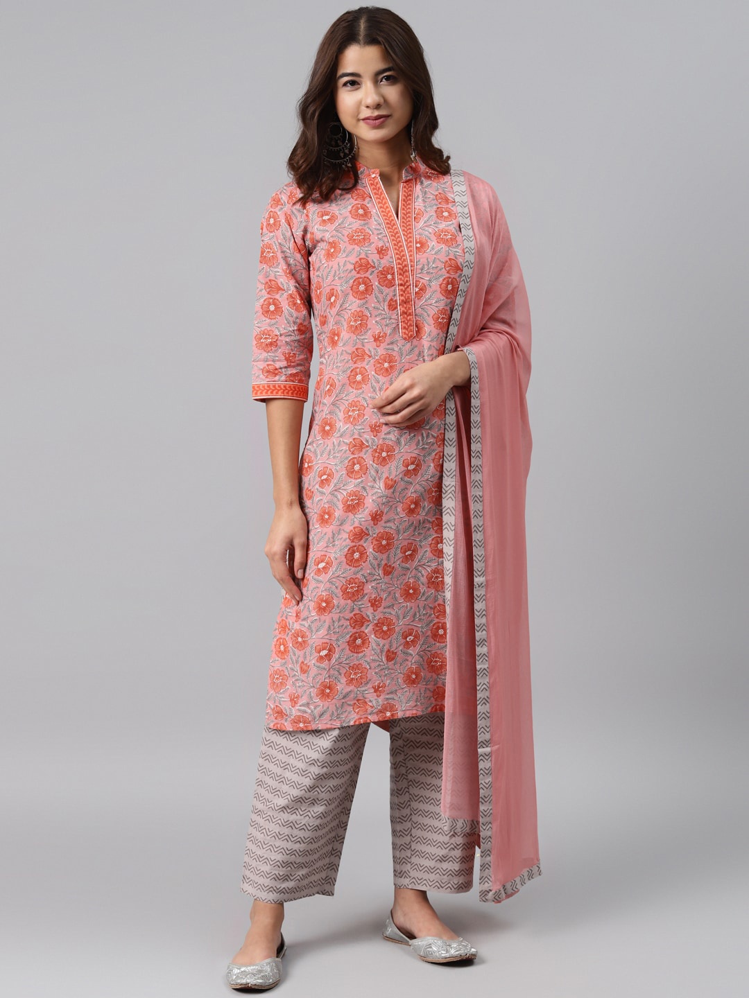 

Gerua By Libas Women Pink Grey Floral Printed Regular Pure Cotton Kurta with Palazzos Dupatta