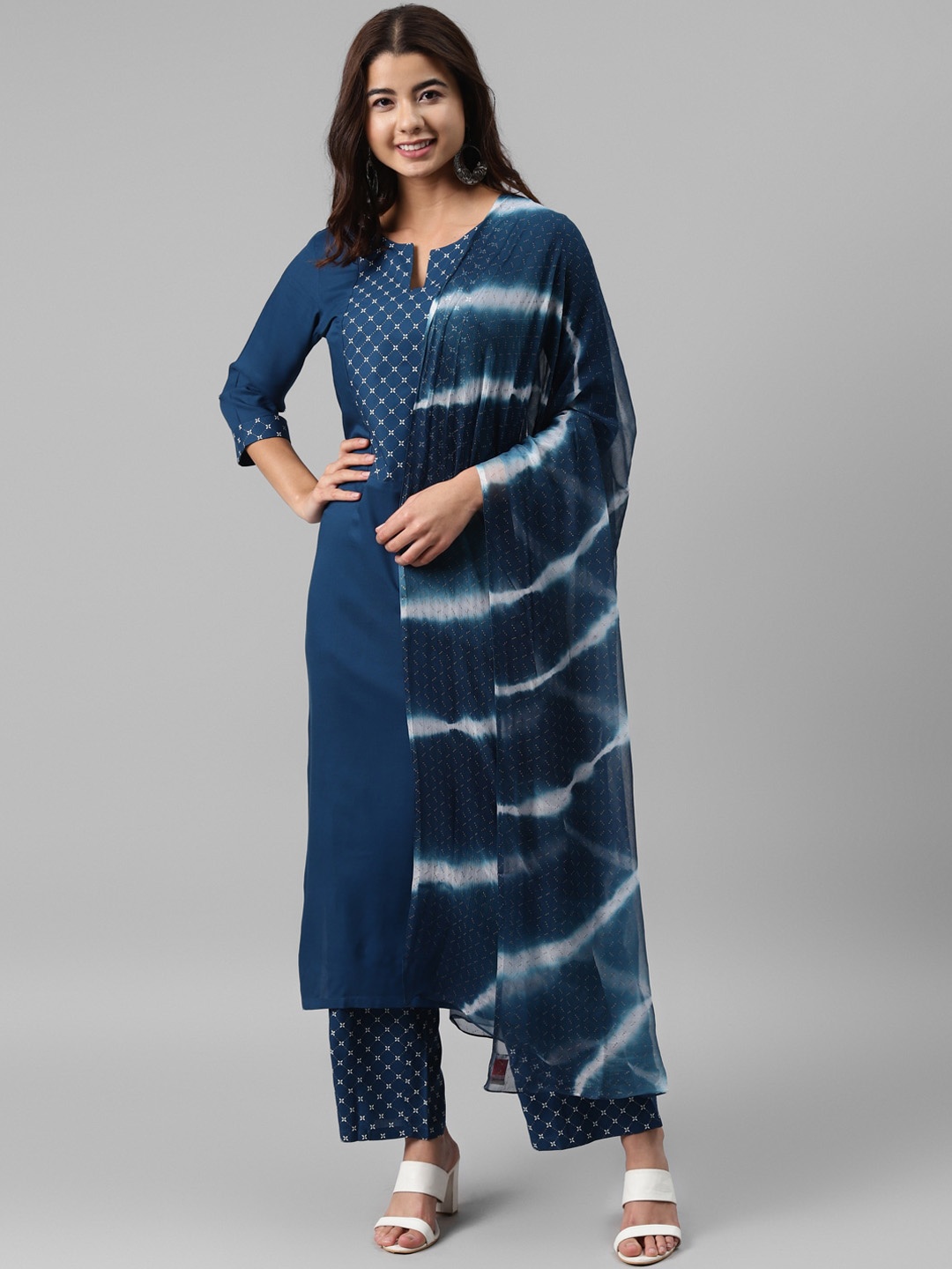 

Gerua By Libas Women Blue White Printed Empire Kurta With Palazzos Dupatta