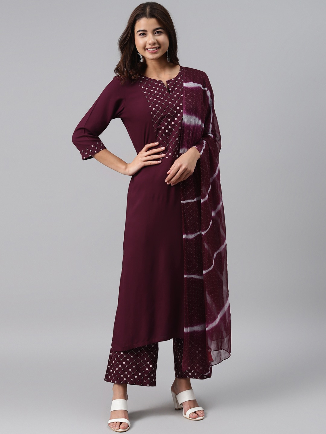 

Gerua By Libas Women Maroon White Printed Regular Kurta with Palazzos Dupatta