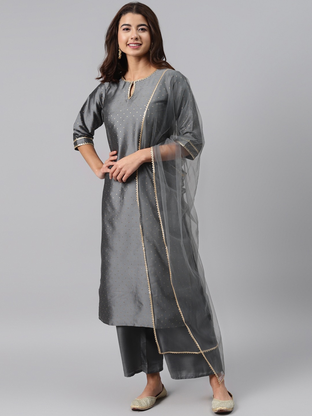 

Gerua By Libas Women Grey Gold-Toned Printed Regular Kurta With Palazzos Dupatta