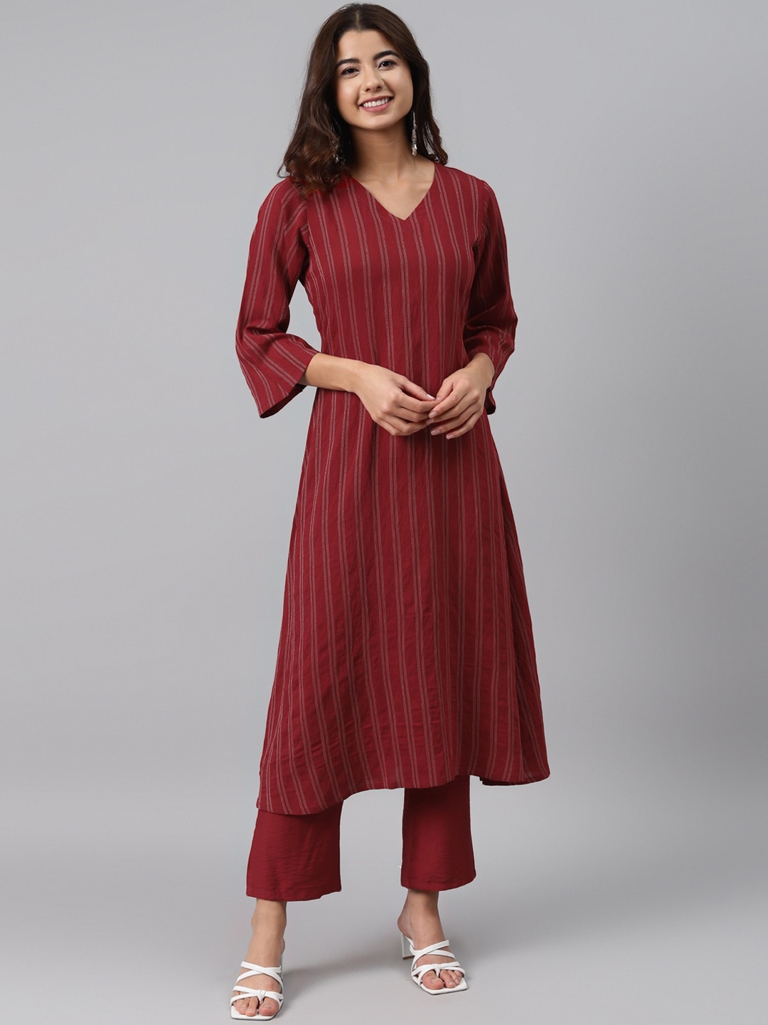 

GERUA Women Maroon Striped Regular A-line Kurta with Trousers