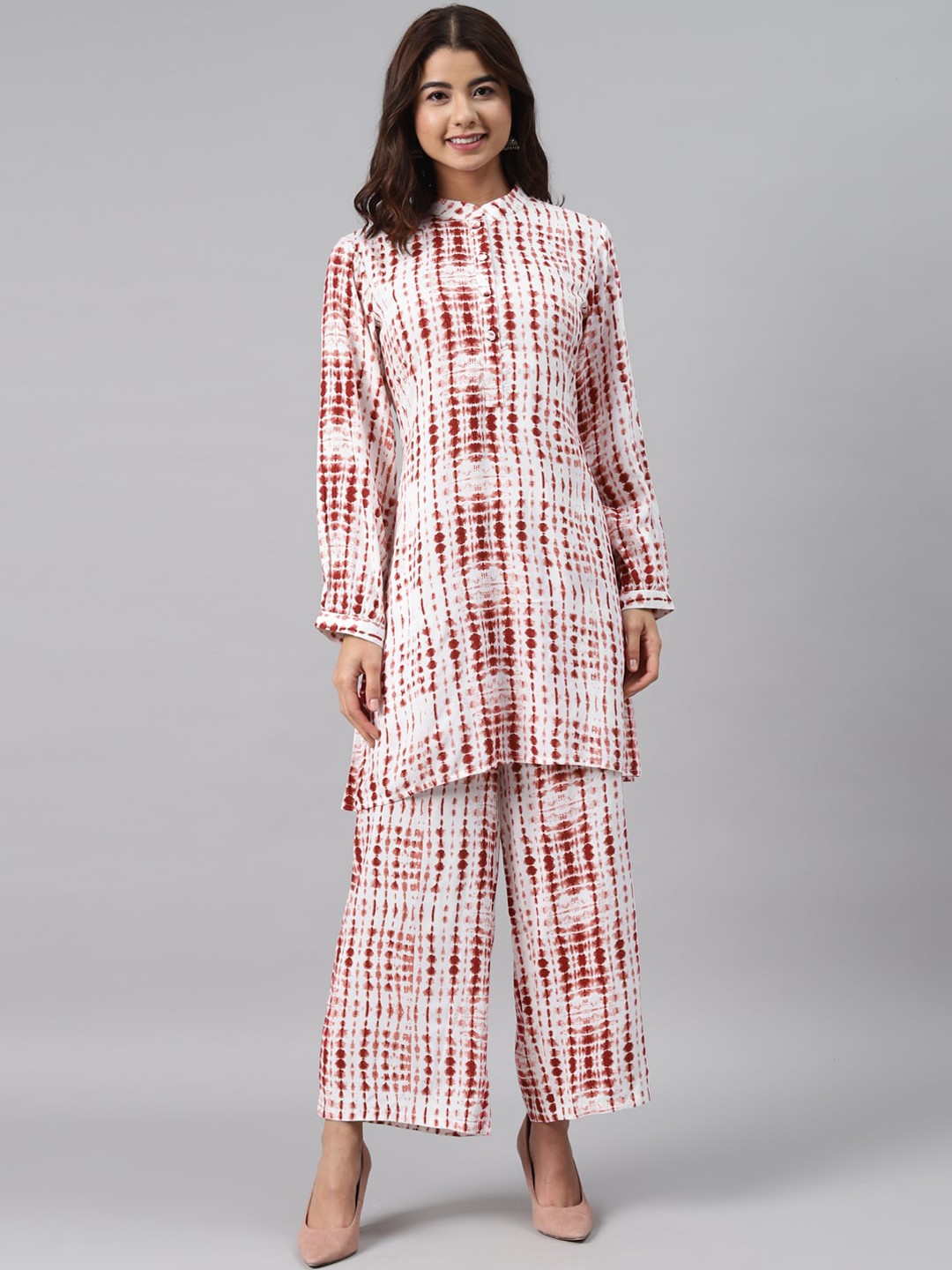 

GERUA Women Brown & White Bandhani Printed Regular Shirt Kurta with Palazzos