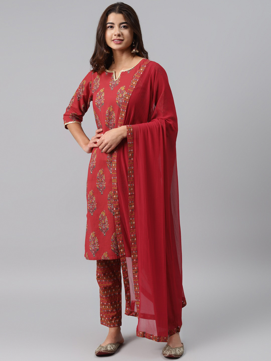 

Gerua By Libas Women Red Yellow Ethnic Motifs Printed Pure Cotton Kurta with Trousers Dupatta