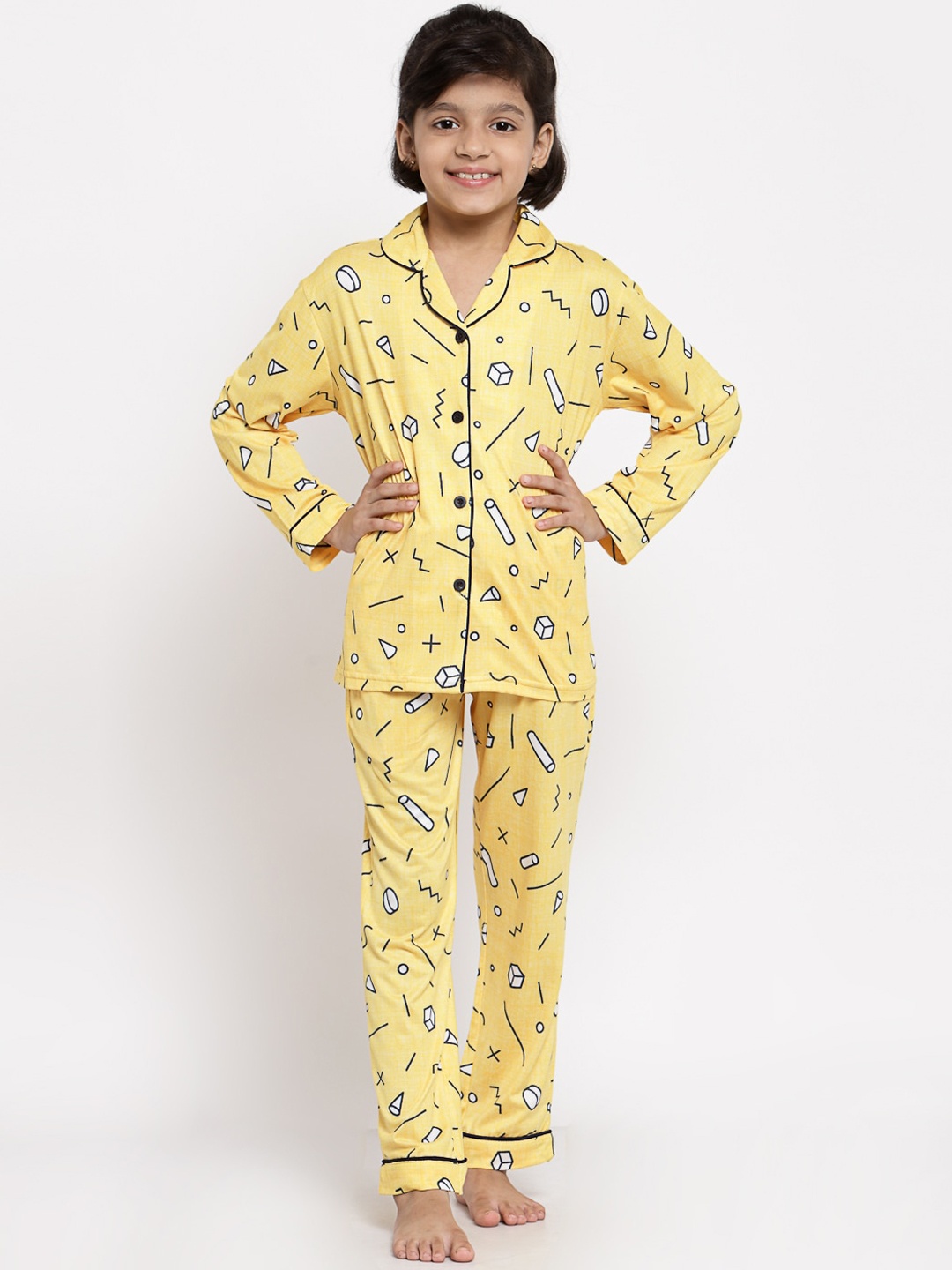 

MAXENCE Unisex Kids Yellow & Black Printed Night suit