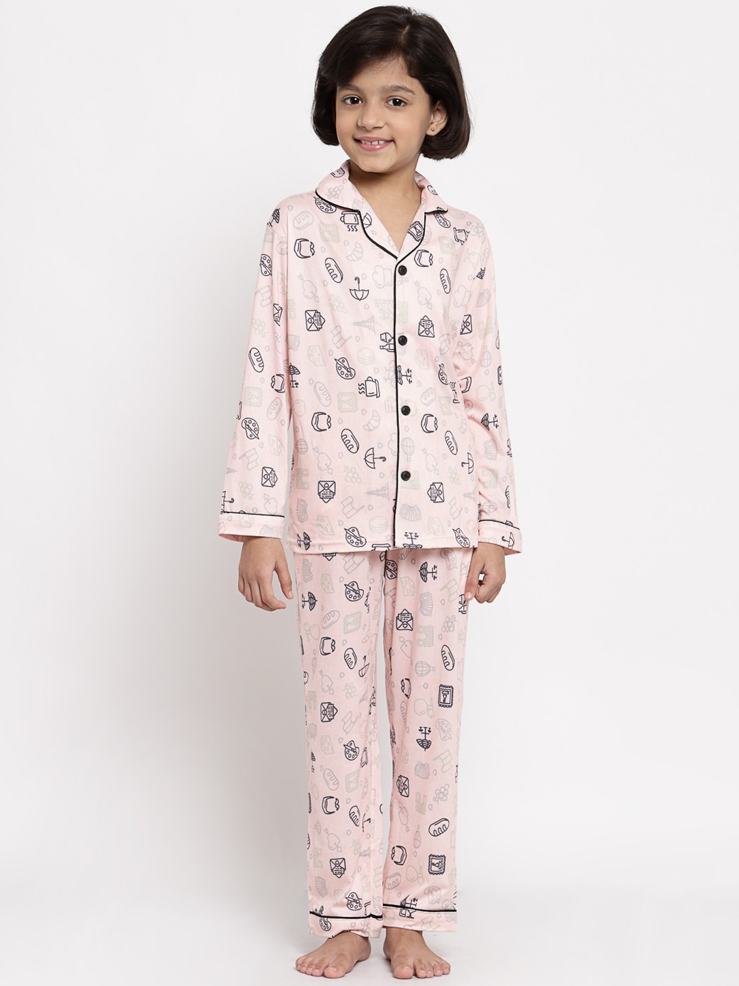 

MAXENCE Unisex Kids Peach-Coloured & Black Printed Night suit