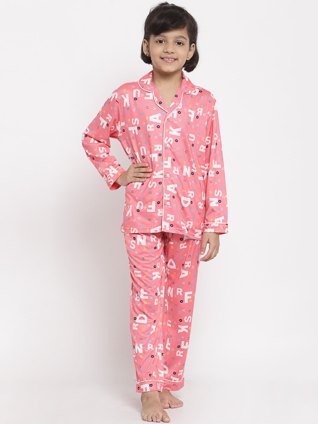 

MAXENCE Kids Pink & White Printed Night suit