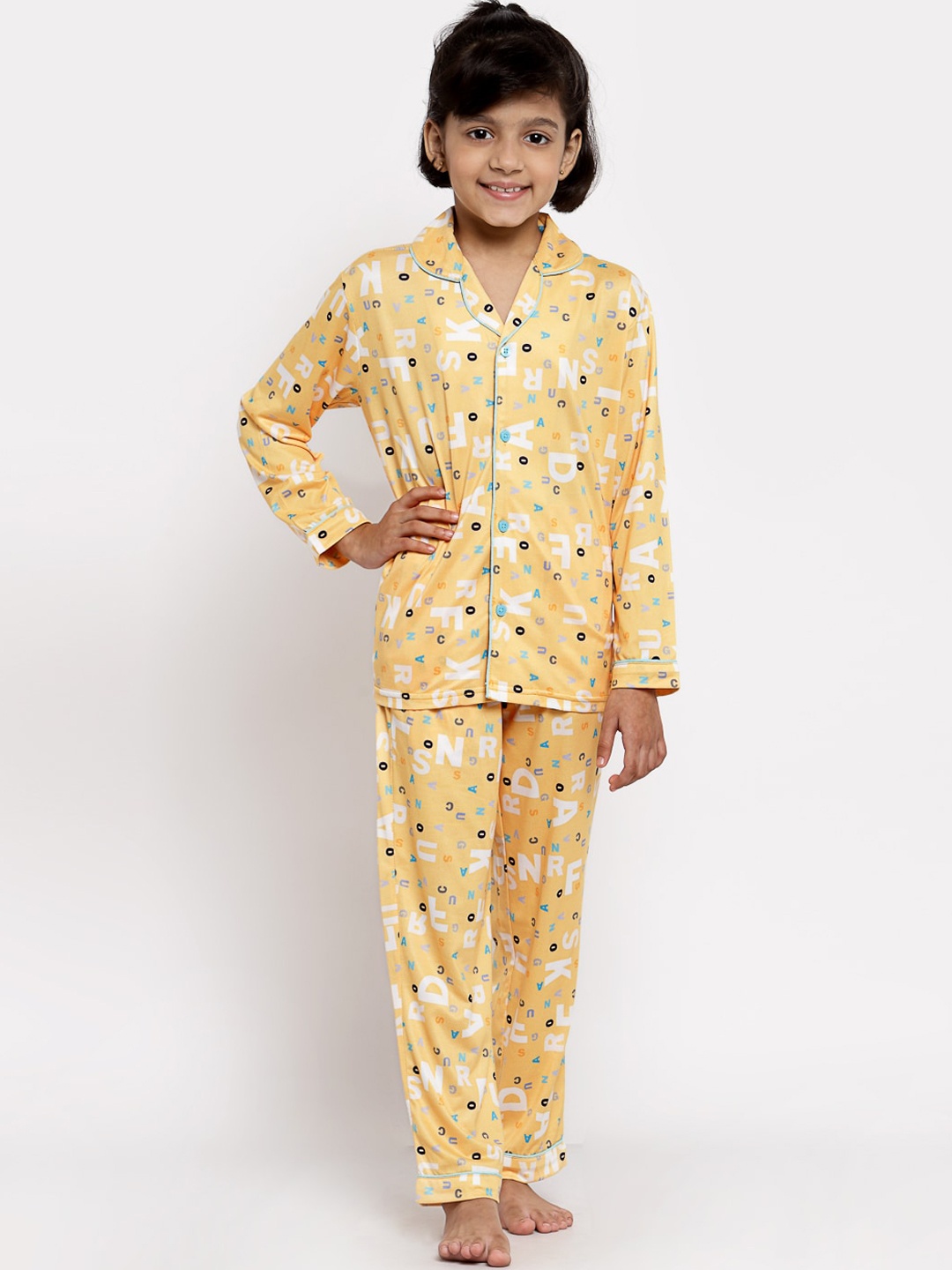 

MAXENCE Unisex Kids Yellow & White Printed Night suit