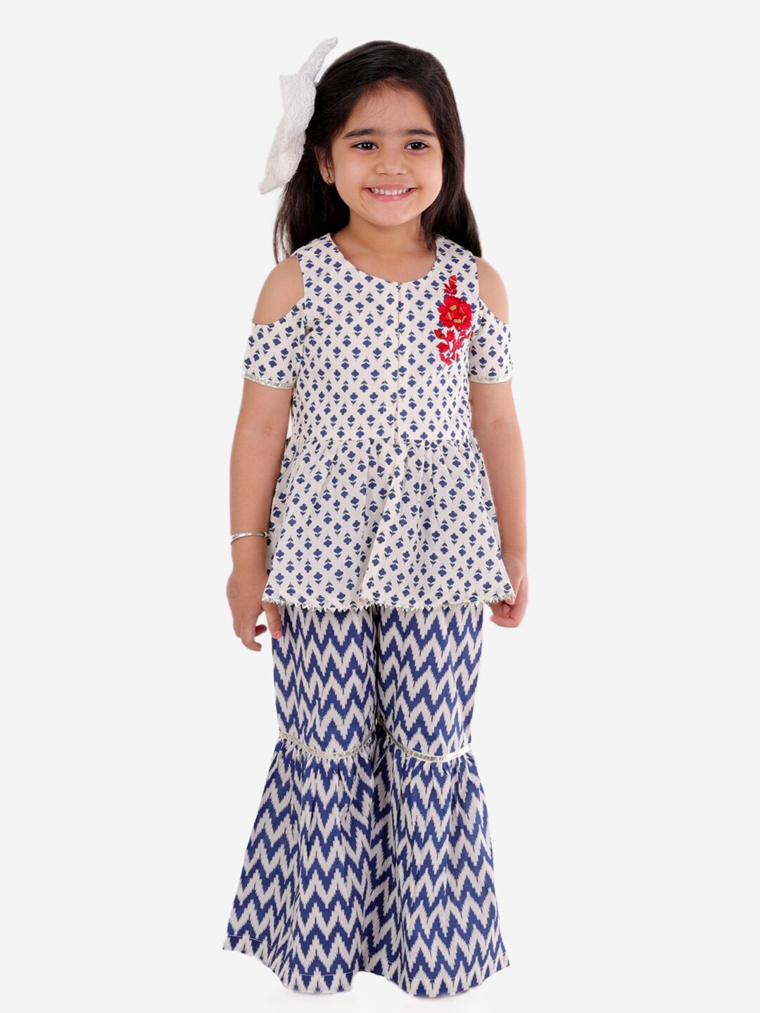 

LIL DRAMA Girls Blue & White Printed Pure Cotton Top with Sharara