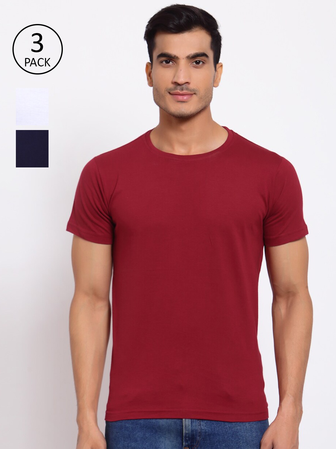 

FERANOID Men Pack of 3 Maroon & White Cotton T-shirts