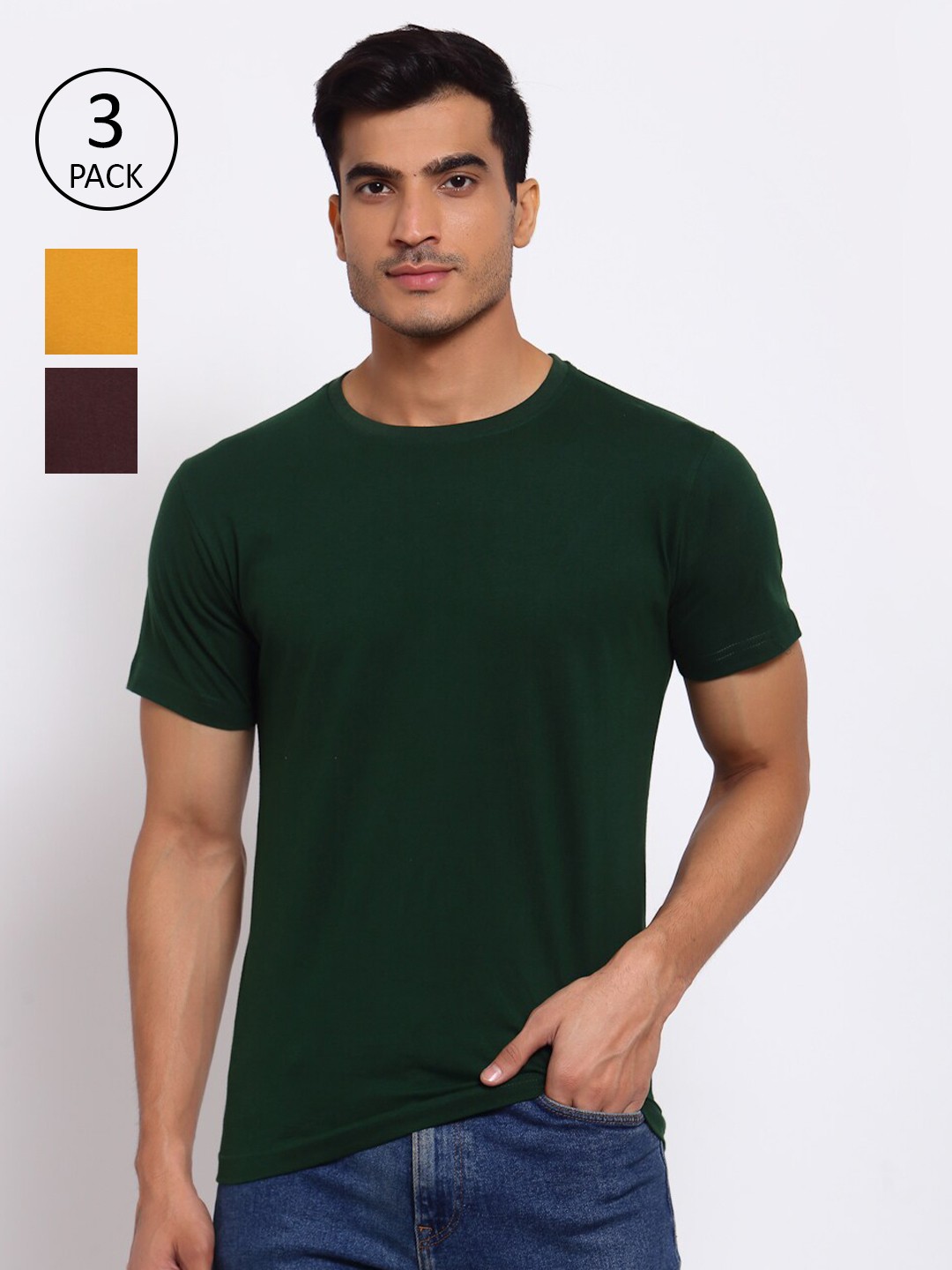 

FERANOID Men Pack of 3 Solid Round Neck T-shirt, Green