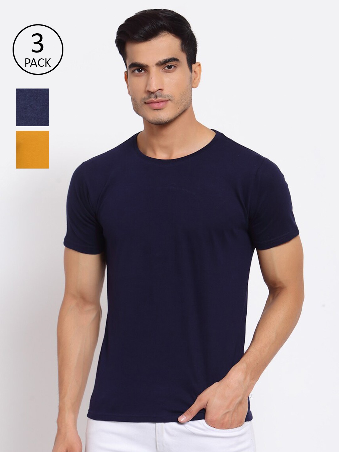 

FERANOID Men Pack Of 3 Extended Sleeves T-shirt, Navy blue