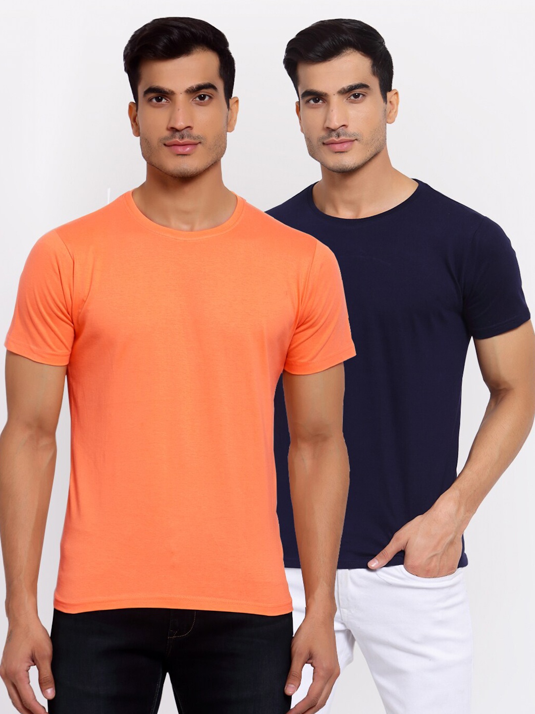 

FERANOID Men Pack of 2 Peach-Coloured & Navy Blue T-shirt