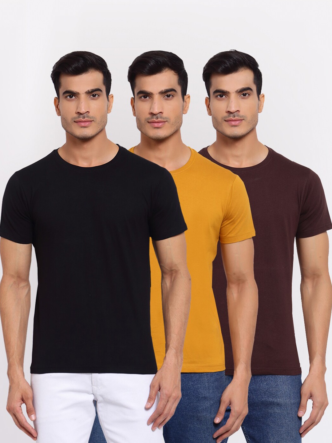 

FERANOID Men Black & Mustard Yellow Pack of 3 Cotton Solid T-shirts