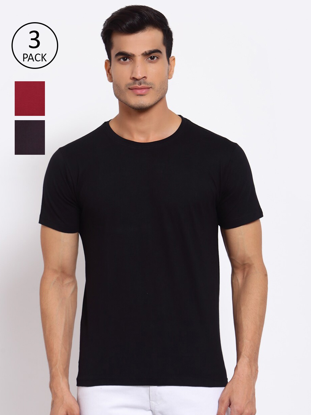 

FERANOID Men Pack of 3 Black Maroon & Grey T-shirt
