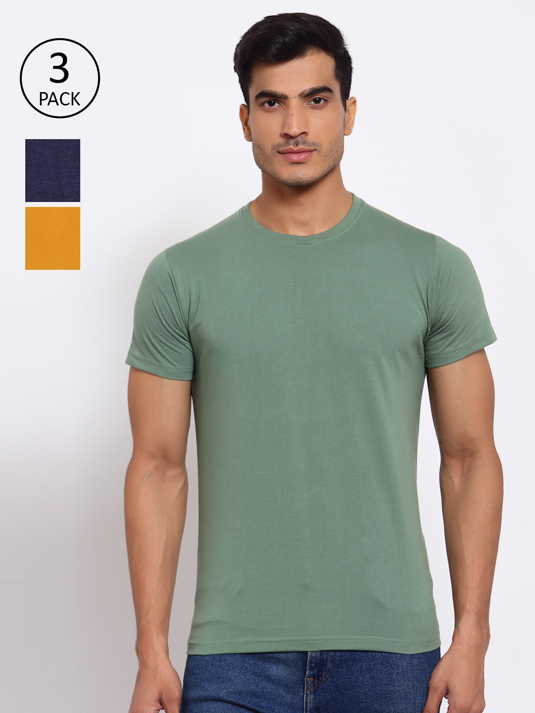 

FERANOID Men Green & Mustard Yellow Pack of 3 T-shirts