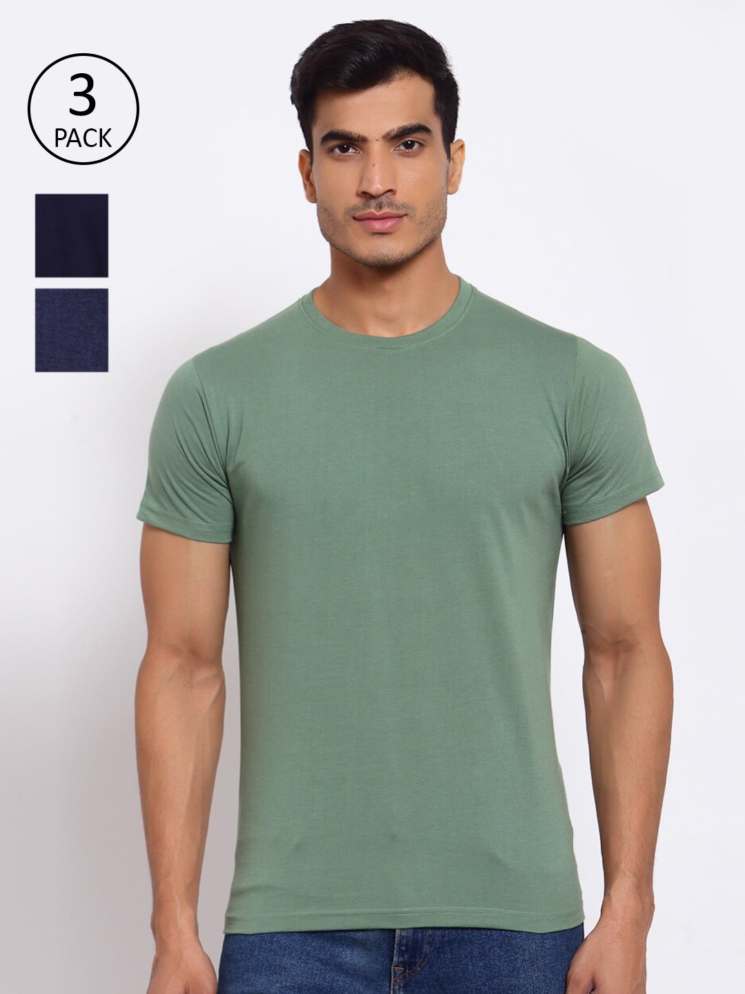 

FERANOID Men Navy Blue & Green Pack of 3 T-shirts
