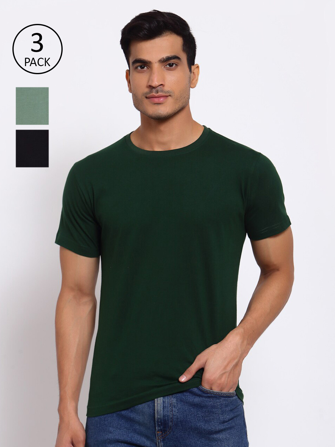 

FERANOID Men Pack Of 3 Green & Black T-shirt