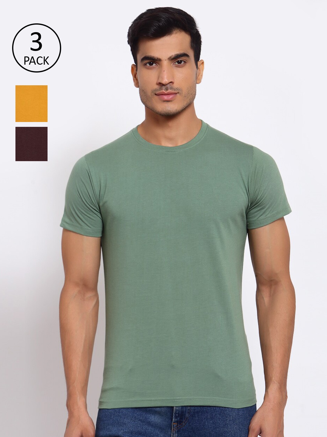 

FERANOID Men Pack of 3 Solid Cotton T-shirt, Green