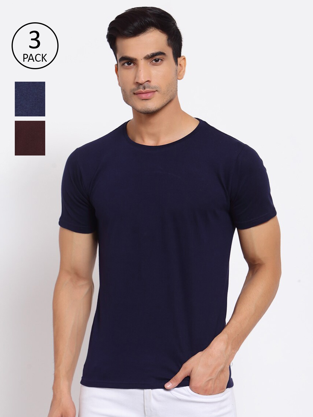 

FERANOID Men Pack of 3 Solid Round Neck T-shirt, Navy blue