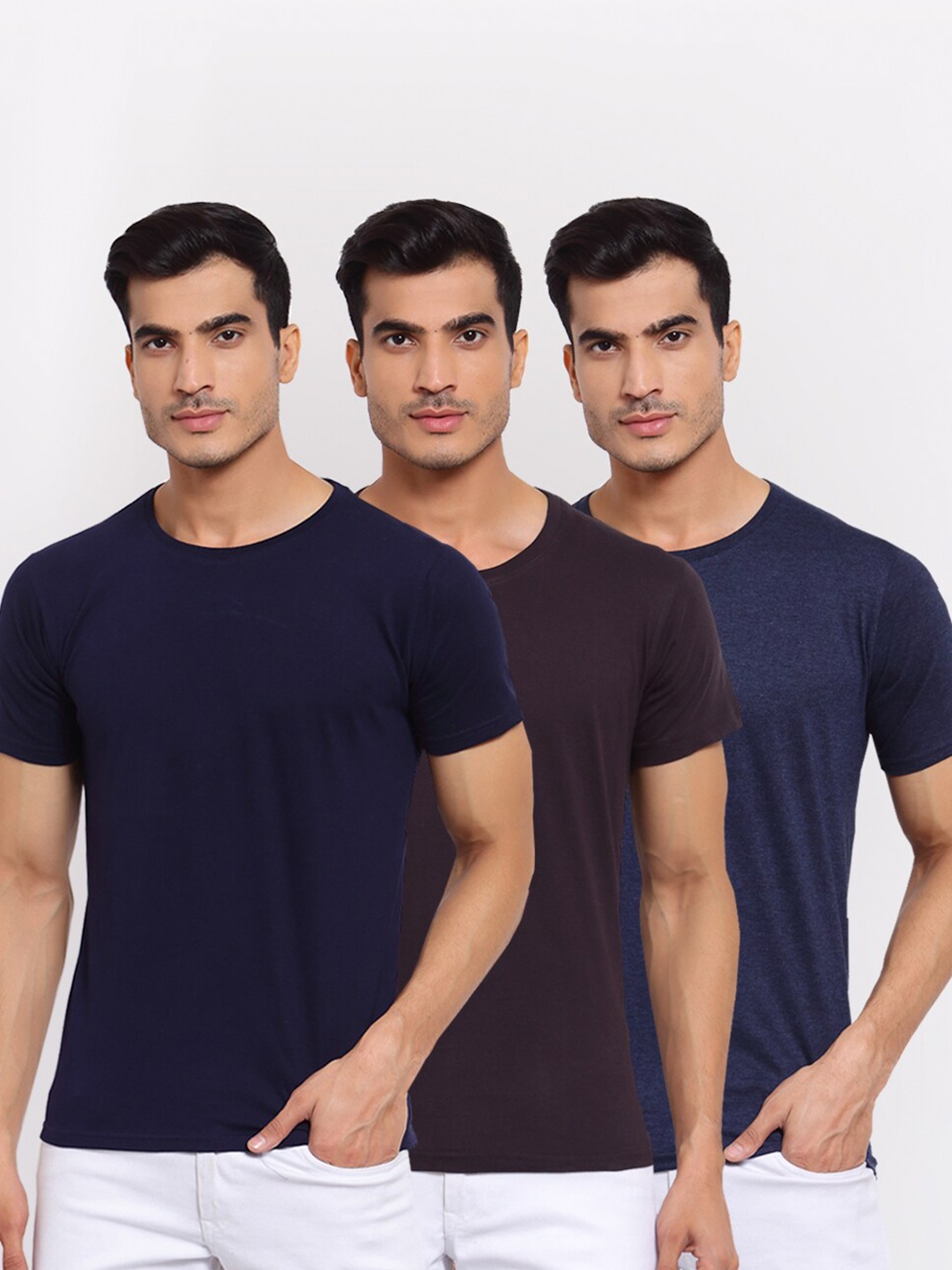 

FERANOID Pack of 3 Men Blue Navy Blue Cotton Round Neck T-shirt