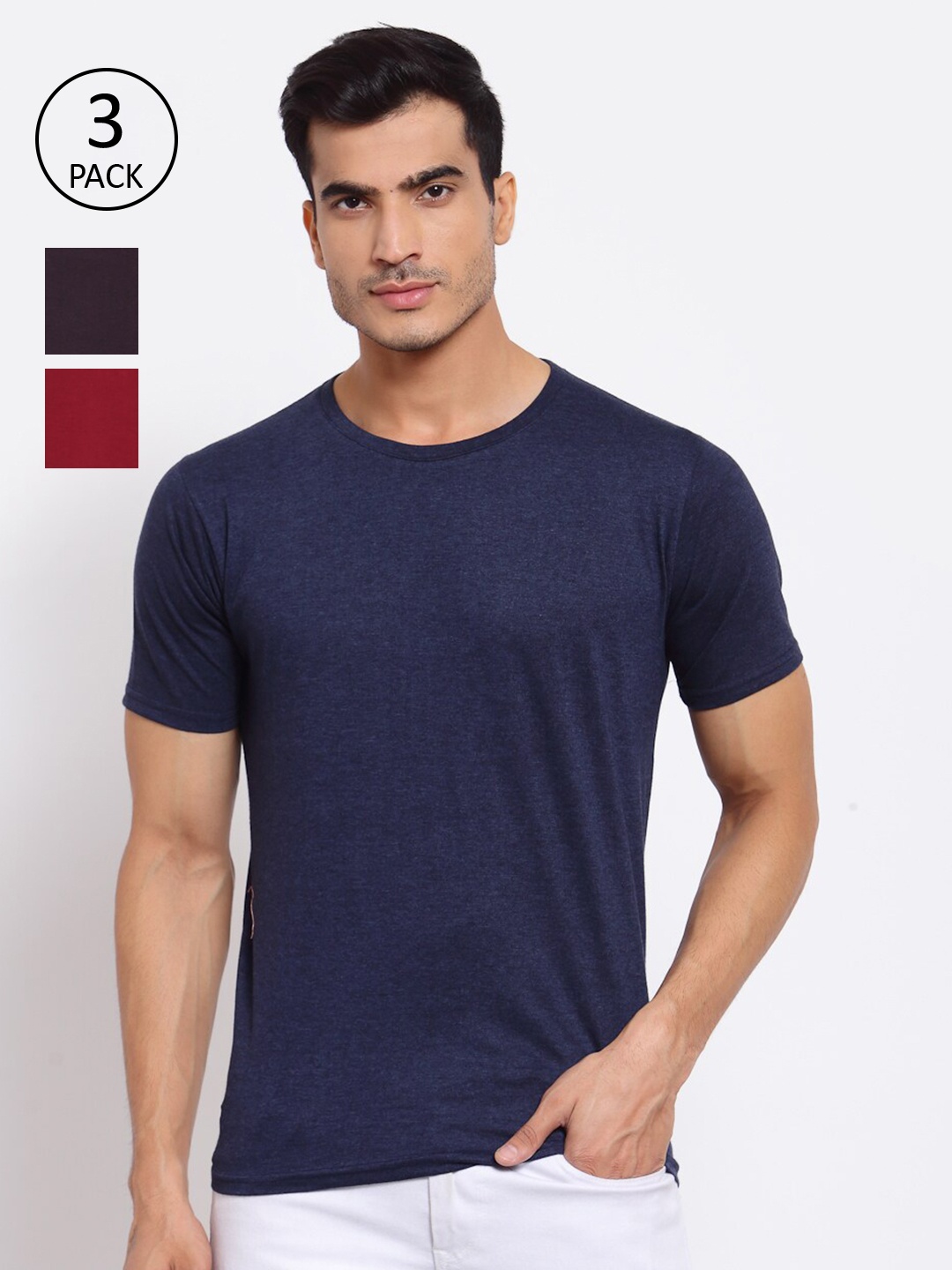 

FERANOID Men Navy Blue & Red Pack of 3 T-shirt